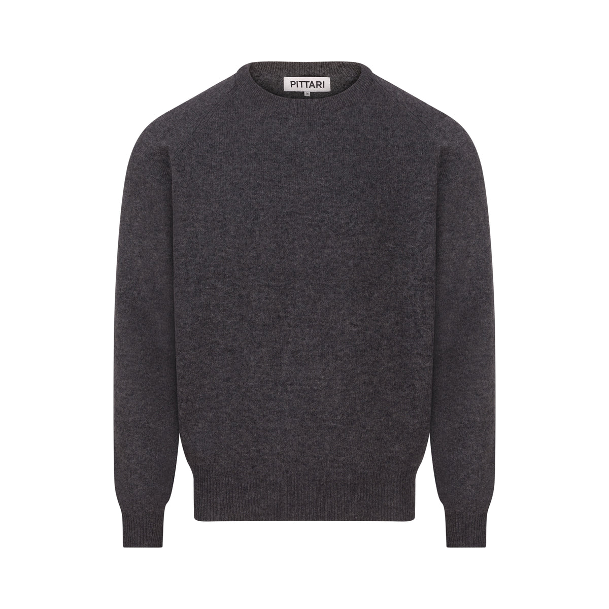 A dark charcoal gray knit crewneck sweater by Pittari, shown flat against a solid white background.