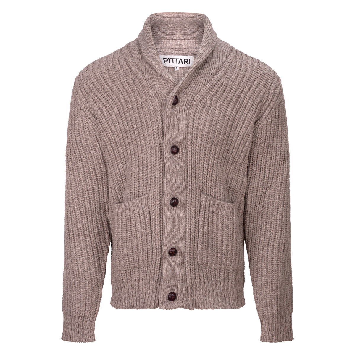 Light brown knitted cardigan with button details on a white background.