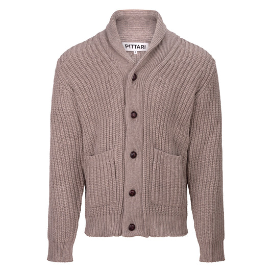 Light brown knitted cardigan with button details on a white background.