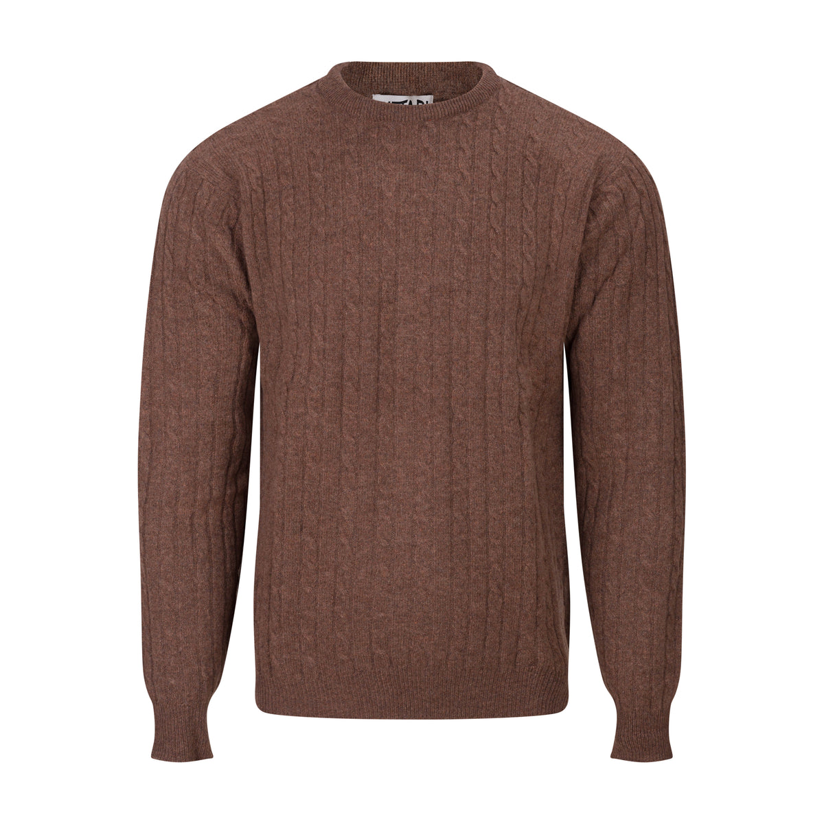 Brown cable knit jumper on a white background