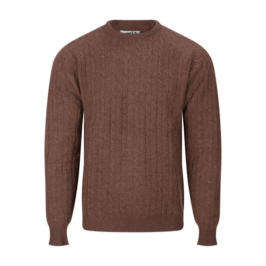 Brown cable knit jumper on a white background