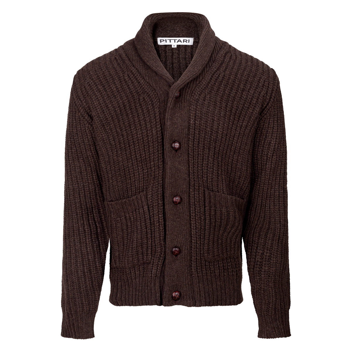 Brown wool cardigan with shawl collar and buttons on a white background
