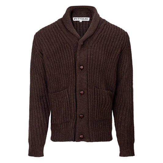 Brown wool cardigan with shawl collar and buttons on a white background
