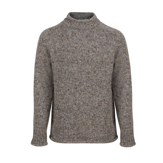 A classic long-sleeve knit sweater with a mock neck, featuring a textured heathered pattern in shades of gray, brown, and beige, shown against a plain white background.