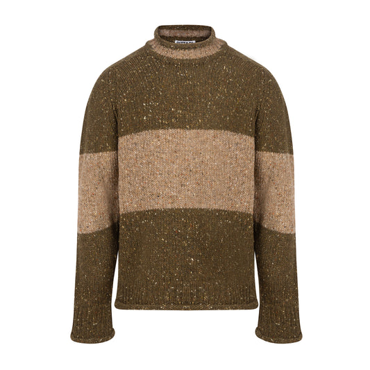 Knitted sweater with a two-tone brown beige block stripe design on a white background