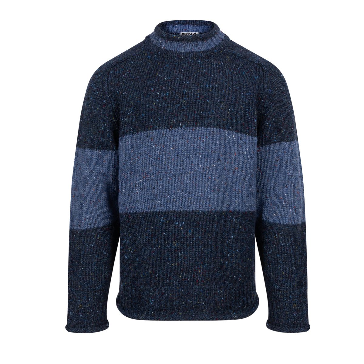 Two-tone blue wool jumper on a white background