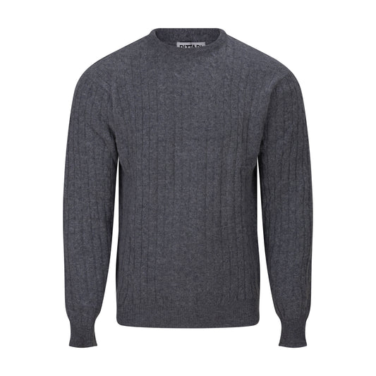 Grey cable knit jumper on a white background