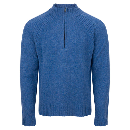 Blue sweater with a quarter zip on a white background