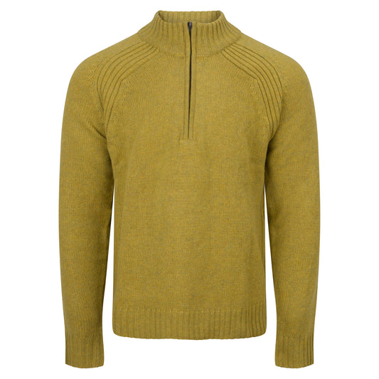 Yellow knit sweater with a quarter zip on a white background
