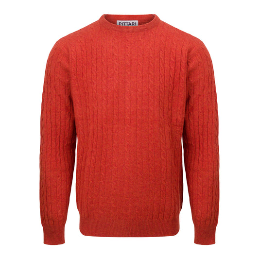 Red cable  knit jumper with a visible brand label on a white background