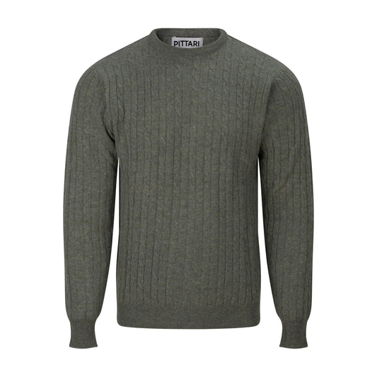 Grey green cable knit wool sweater on a white background