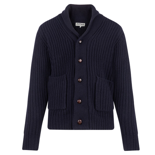 Navy blue cardigan with button details on a white background