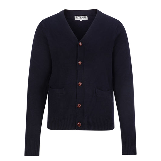 Navy blue cardigan with brown buttons on a white background