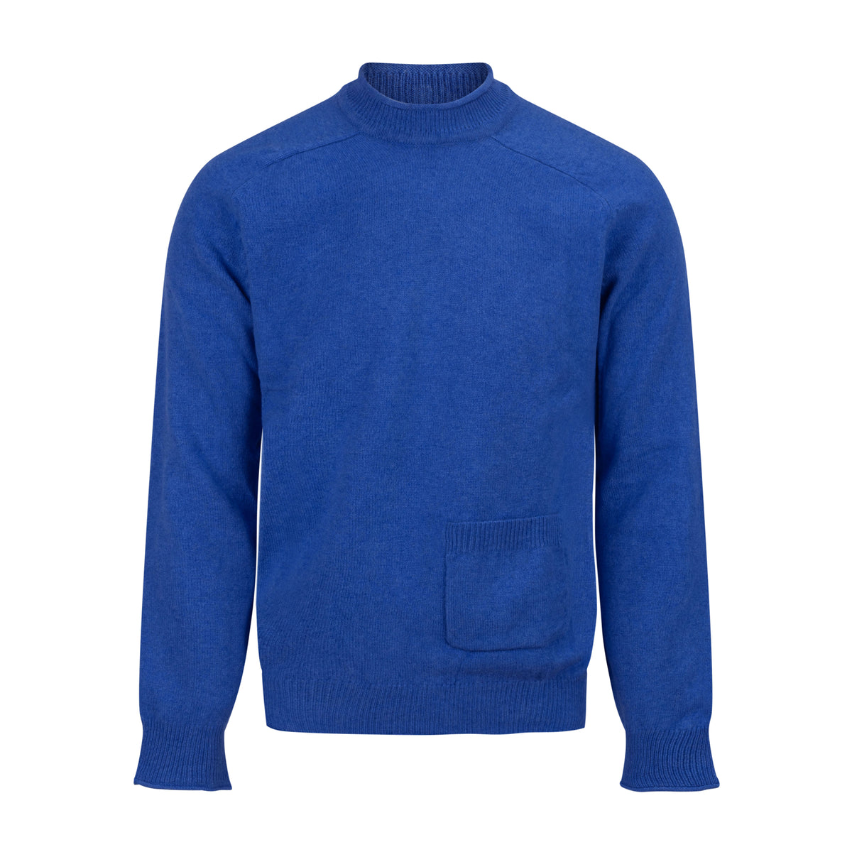 Blue wool sweater with a pocket on a white background