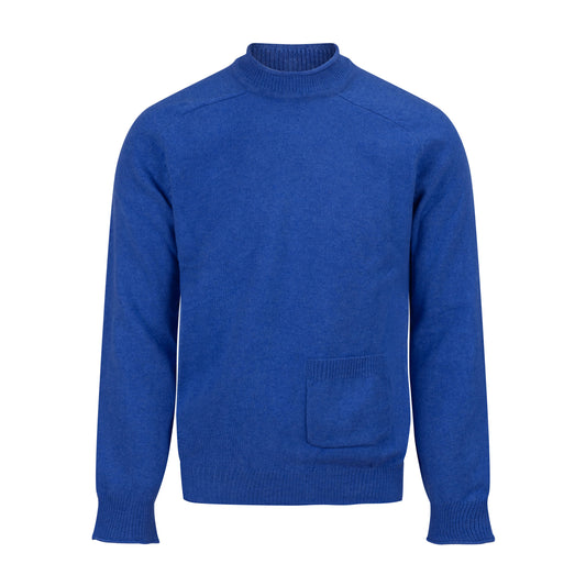 Blue wool sweater with a pocket on a white background