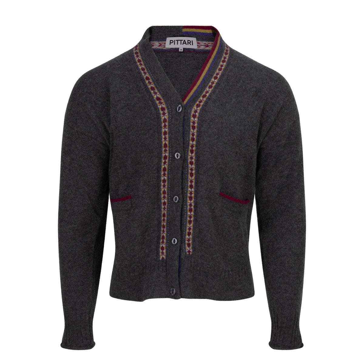 Dark gray women's lambswool cardigan with colorful trim on a white background