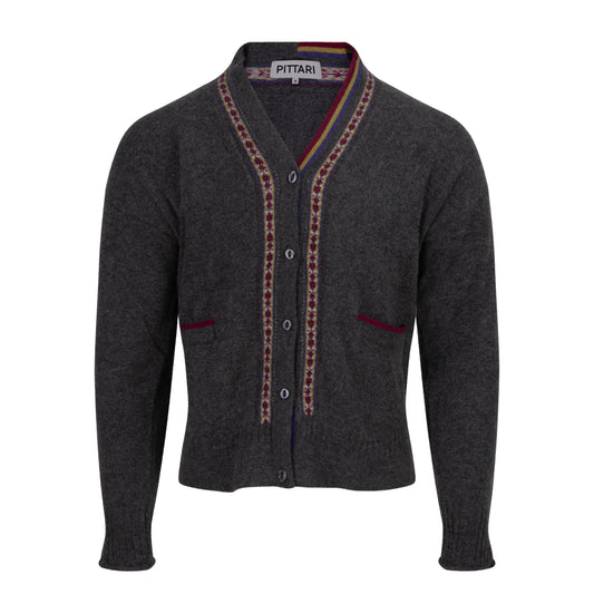 Dark gray women's lambswool cardigan with colorful trim on a white background