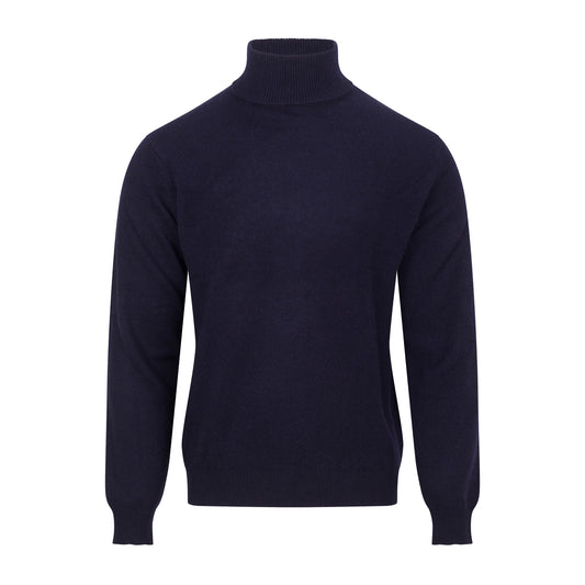 Navy blue turtleneck sweater on a white background