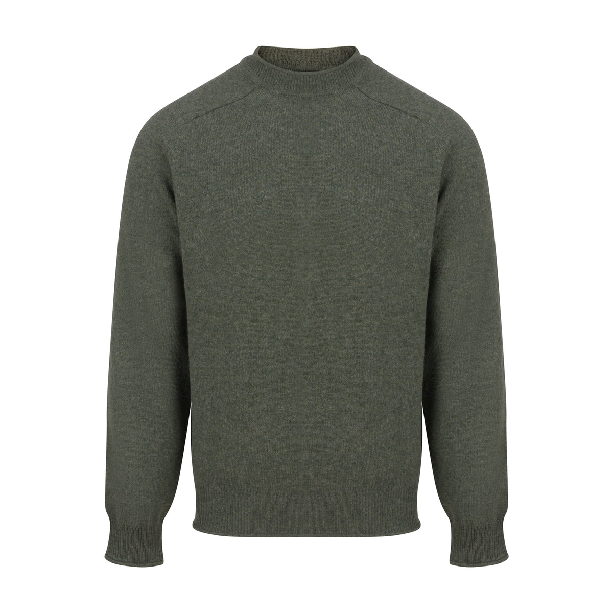 An olive green crewneck sweater displayed on a clean white background.