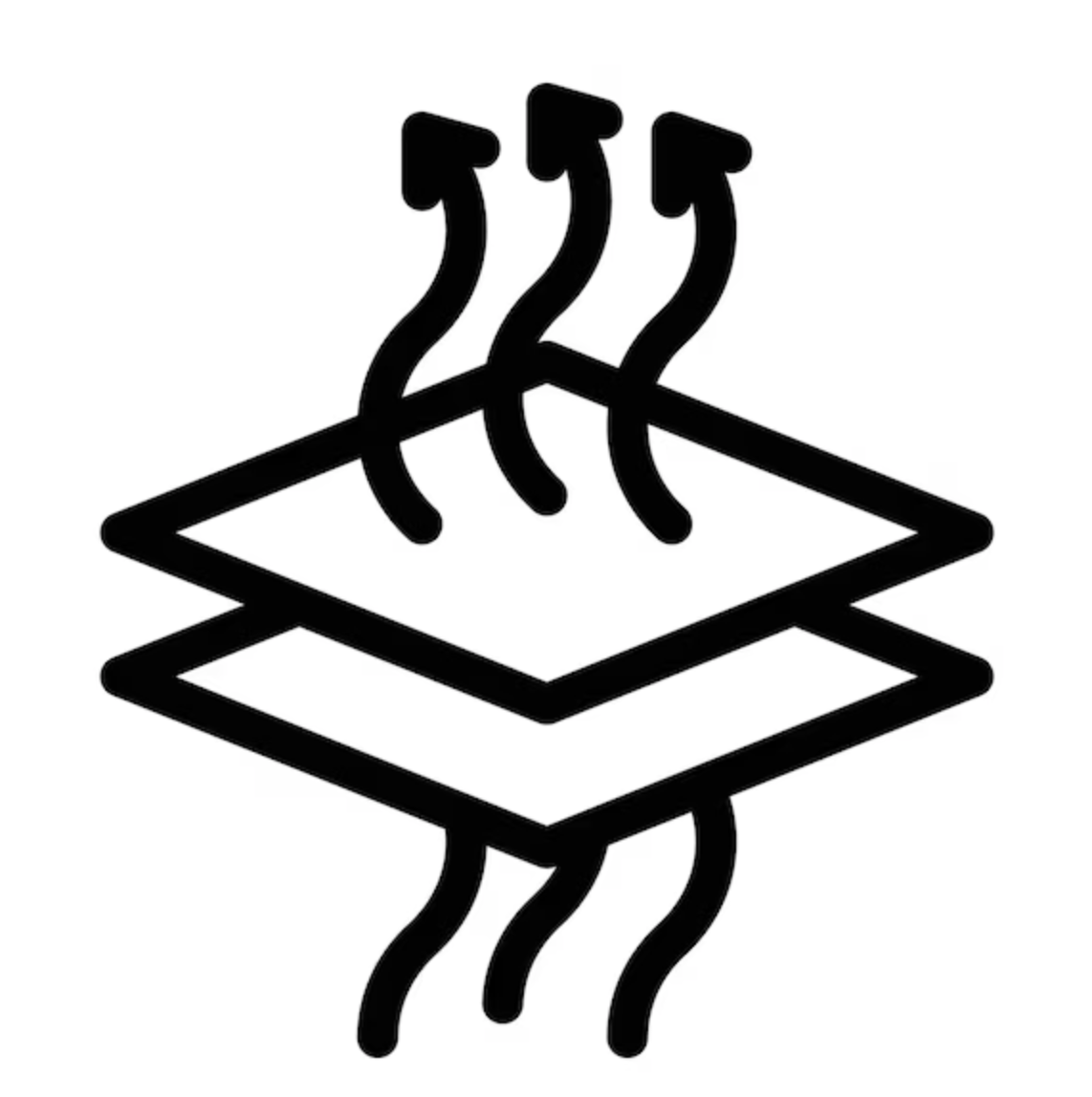 A black line icon depicting two stacked layers with wavy arrows rising and falling, representing breathability or ventilation, on a solid white background.